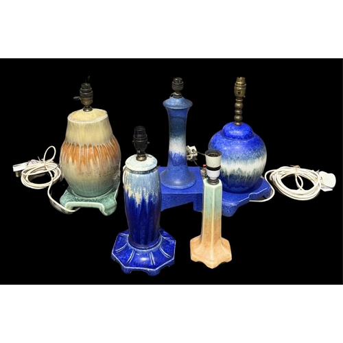 162 - Ruskin Pottery, five Crystalline glazed lamp bases, circa 1930, two with integrated stands, blue and... 