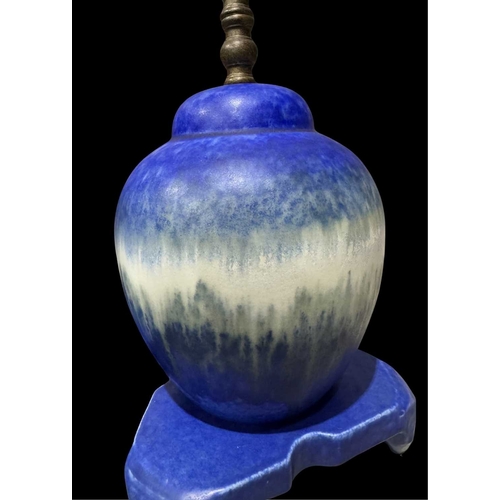 162 - Ruskin Pottery, five Crystalline glazed lamp bases, circa 1930, two with integrated stands, blue and... 