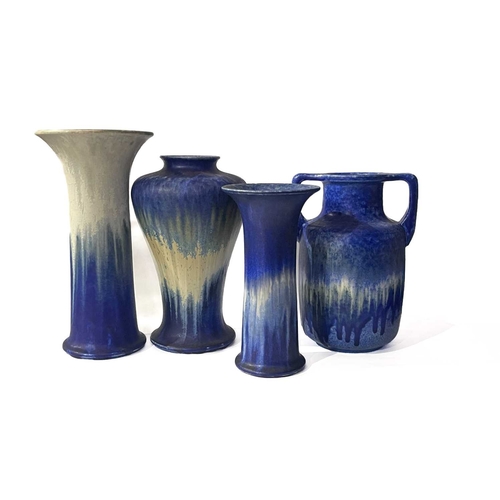 166 - Ruskin Pottery, four Crystalline glazed vases, circa 1930, including two trumpet form lily vases, a ... 