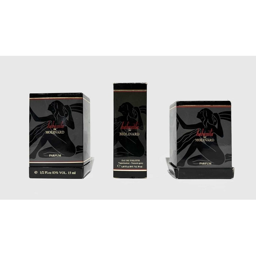 18 - Three opaque black glass Lalique perfume bottles for habanita de Molinard, 2 Parfum and 1 Eau de Toi... 