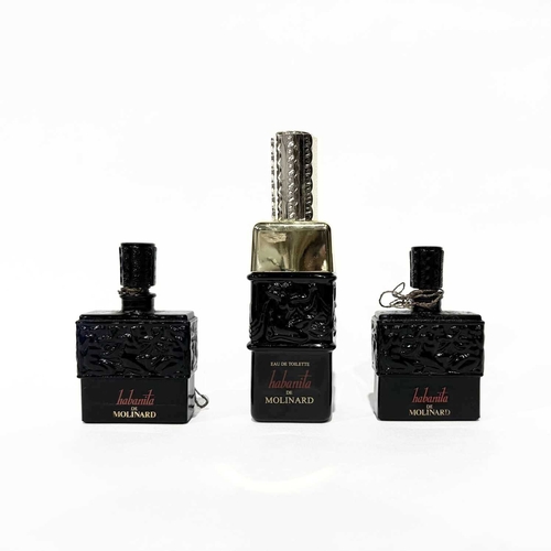 18 - Three opaque black glass Lalique perfume bottles for habanita de Molinard, 2 Parfum and 1 Eau de Toi... 