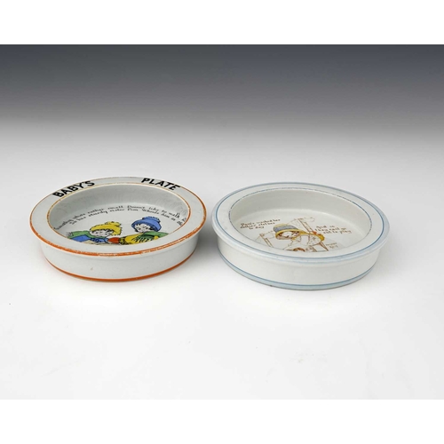 184 - Paragon China, from the Beatrice Mallet series, two circular baby's plates with printed child illust... 