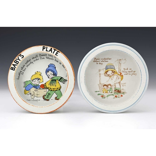 184 - Paragon China, from the Beatrice Mallet series, two circular baby's plates with printed child illust... 