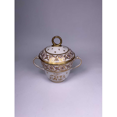 191 - An English porcelain twin handled chocolate cup and cover, dated 3rd Sept 1797, with monogram, proba... 