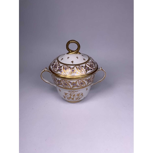 191 - An English porcelain twin handled chocolate cup and cover, dated 3rd Sept 1797, with monogram, proba... 