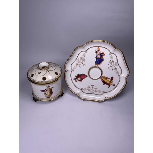 197 - A Worcester porcelain pot pourri jar and stand, c. 1860, cylindrical jar standing on three winged ma... 