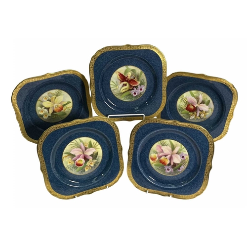 21 - Albert Shuck for for Royal Worcester, a group of ten square ogee-edged plates, hand-painted with a c... 