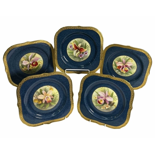 21 - Albert Shuck for for Royal Worcester, a group of ten square ogee-edged plates, hand-painted with a c... 