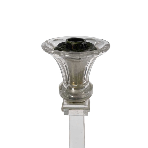 230 - A heavy cut glass lamp, trumpet form top supported on a tapered column and circular stepped base, 58... 