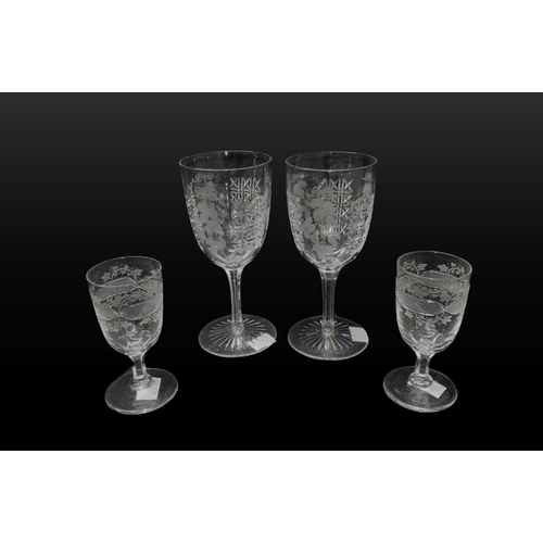 235 - Two pairs of Scottish wine and port glasses, possibly Holyrood Glassworks, the port glasses feature ... 