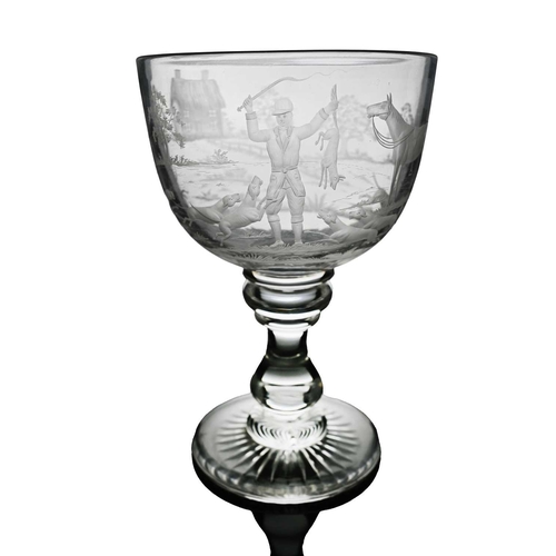 237 - A large 19th century Stourbridge etched glass pedestal bowl, decorated in the round with huntsman wi... 