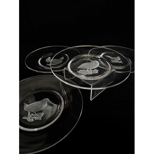 238 - A set of four Val St Lambert glass plates, intaglio moulded game birds to the centre of each, incise... 