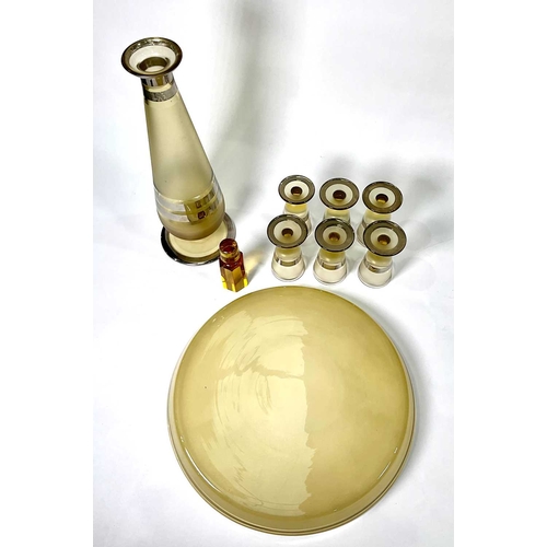 256 - A Continental frosted amber glass and silver lustre liqueur set including a decanter, tray and glass... 