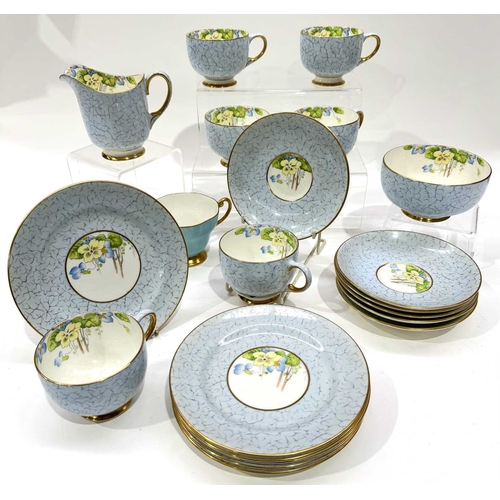 26 - A Paragon China part tea service, crackle glaze-effect blue ground with hand painted and transfer de... 