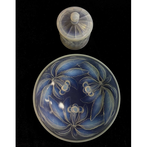 262 - G Vallon, an opalescent Cherry glass bowl, together with a Barolac opalescent glass jar and cover, m... 