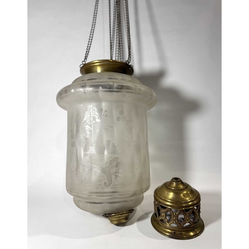 271 - A cylindrical form 19th century glass light shade, with acid-etched decoration of a tower within scr... 