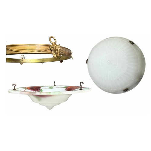 273 - Three ceiling lights and fittings, two moulded frosted glass shades, one with painted rose decoratio... 