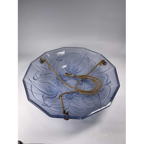 274 - An early 20th-century frosted blue glass plafonnier/hanging light shade moulded with a relief design... 