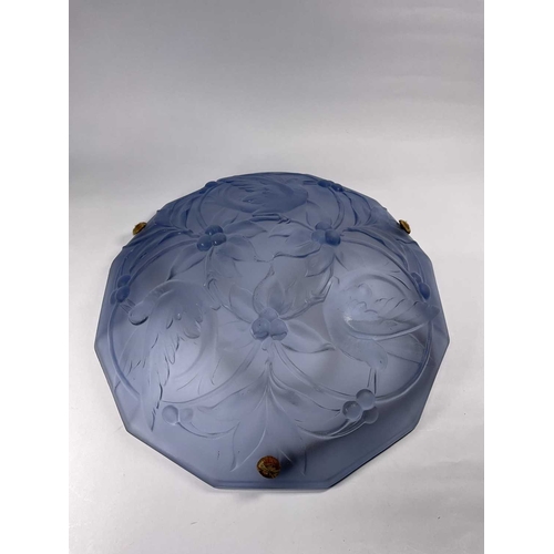 274 - An early 20th-century frosted blue glass plafonnier/hanging light shade moulded with a relief design... 