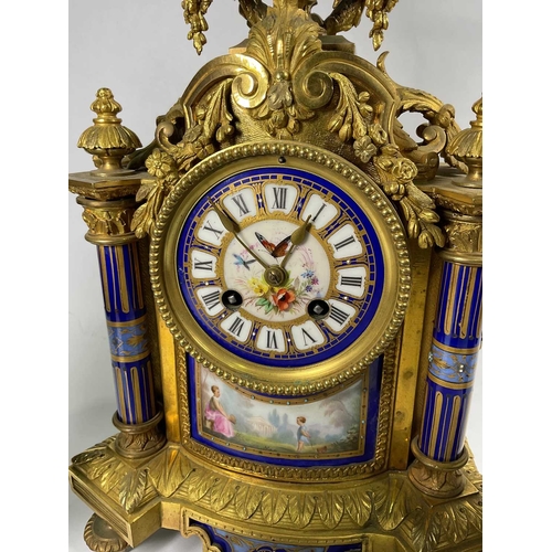 304 - A French gilt ormolu clock garniture, late 19th Century, of Baroque design with Sevres type porcelai... 