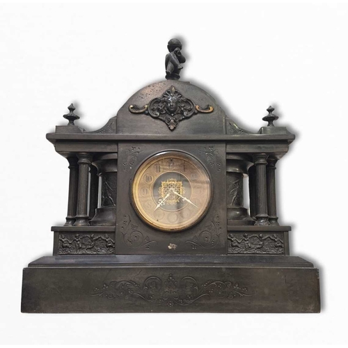 305 - Clocks: a French 19th-century slate mantel clock with colonnade flanking classical friezes, Arabian ... 