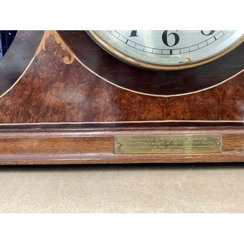 306 - A tambour or ‘Napoleon hat’ form marquetry mantle clock standing on four bun feet, bearing a commemo... 