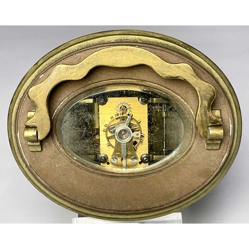 309 - A French carriage clock, early 20th Century, oval brass corniche case with visible escapement, white... 