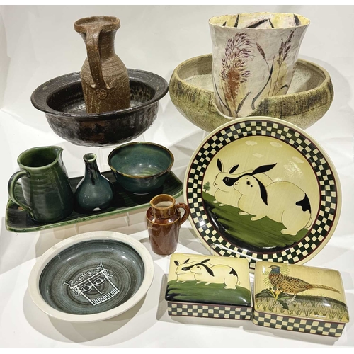 31 - A collection of studio pottery including Sarah Akin-Smith porcelain plate and lidded boxes, hand pai... 