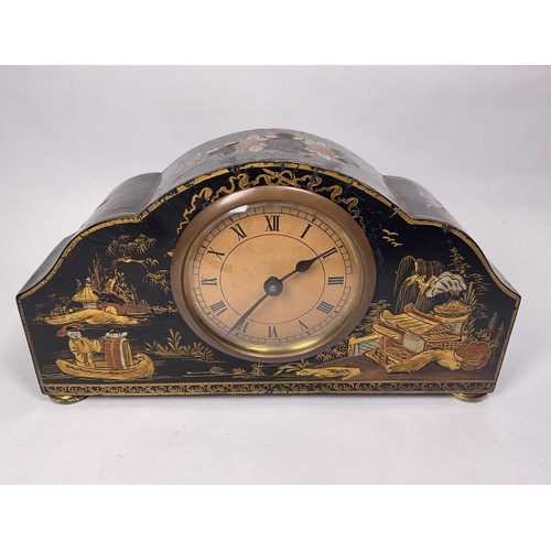 312 - Two Chinoiserie painted mantle clocks with relief detailing, decorated with Chinese landscapes and c... 