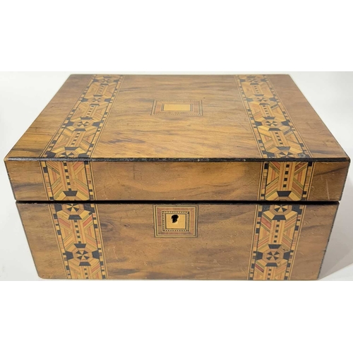 317 - A 19th century parquetry sewing or work box, with contents 15cm high, 30cm wide, 22cm deep (1)... 