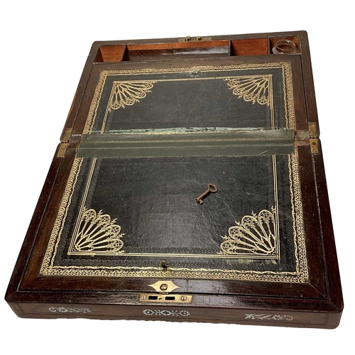 321 - A 19th century rosewood writing slope, mother of pearl inlay to exterior, gothic revival style toole... 