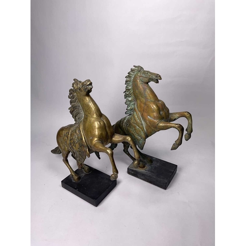 326 - A pair of verdigris cast metal figurines after Guillaume Coustou's 'Marly Horses' on black square ha... 