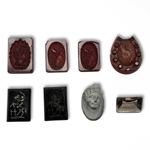 350 - A collection of loose intaglio seals together with a high relief cameo, mixed metalware, a cast saty... 