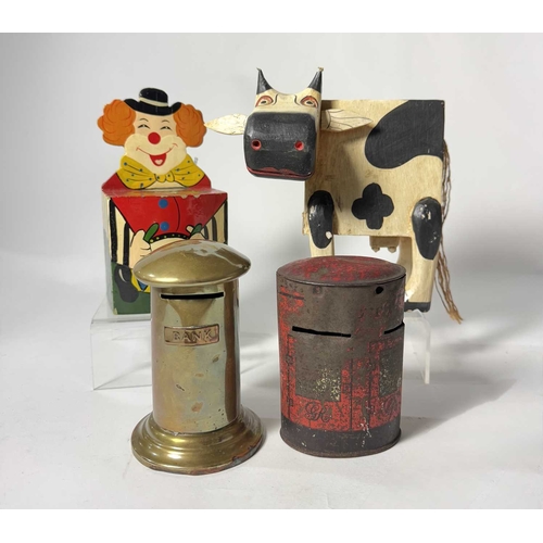 360 - A collection of novelty moneyboxes, metal examples in the form of post boxes together with a hand-pa... 