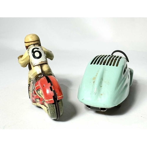 361 - A Schuco tin plate clockwork motorcycle and rider, no key, approx. 12.5cm long, together with a Schu... 