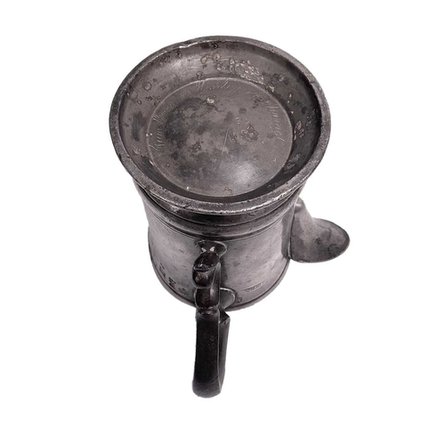 372 - A 19th century pewter pint measure tankard with spout, stamps include a 'VR' verification mark, engr... 