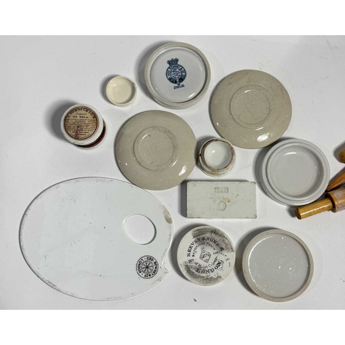 375 - A collection of 19th-early 20th-century glazed ceramic artists' palettes, pigment pots and dishes so... 