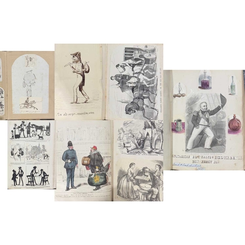 397 - A 19th century leather bound scrapbook containing original illustrations and pasted cartoons, some h... 