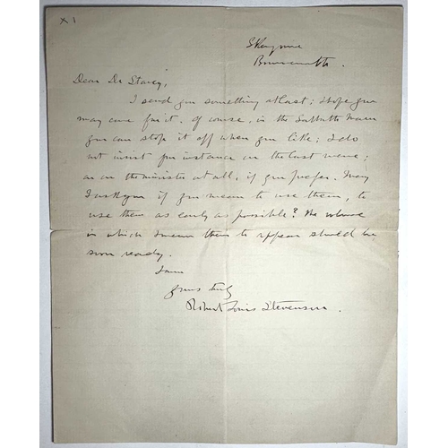 406 - Robert Louis Stevenson (1850-1894), a hand-signed letter, written from Skerryvore, Bournemouth, circ... 