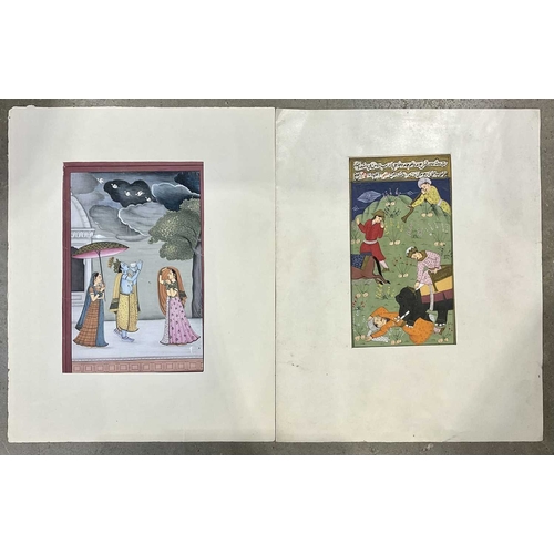 416 - Two Indian gouache miniature paintings, one hunting/battle scene in the Mughal miniature tradition w... 