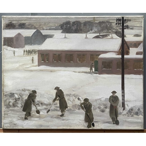 420 - British School, 20th century, WWII British soldiers shovelling snow outside barracks, signed and dat... 