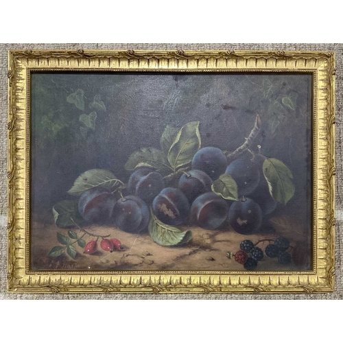 435 - Thomas Joseph Harper R.B.S.A (British, 19th century), still life of plums with rosehips and blackber... 