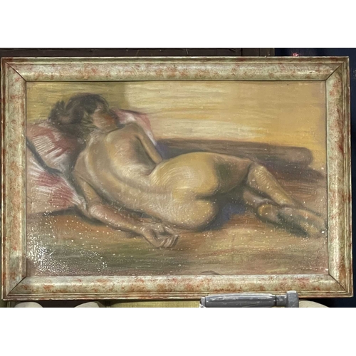 438 - A 20th century polychrome pastel study of a reclining nude, damaged backing sticker attributes the w... 