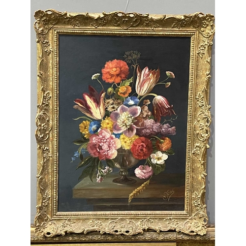 452 - Dutch School (20th Century), still life of flowers in a glass vase on a marble ledge, indistinctly s... 