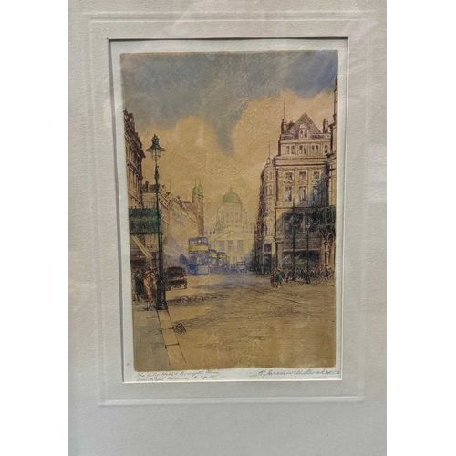 458 - Three coloured prints of city scenes: Robert Cresswell Boak, A.R.C.A. (British 1875-1949), Belfast s... 