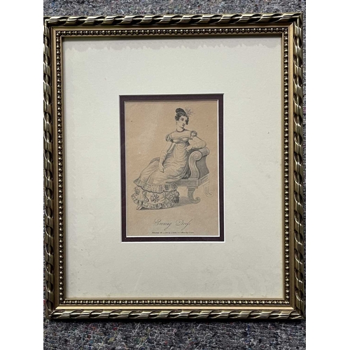 472 - A framed group of four regency ladies fashion plates, largest 18cm by 10cm