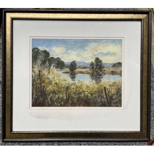 489 - A 19th century photograph, 37 by 30cm together with an original landscape on textile/felt and a furn... 