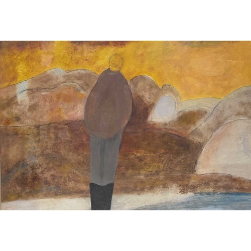 513 - Pattie Muriel May, a figure on a beach standing in front of rocks, oil on card, 36.5 by 52.5cm, glaz... 