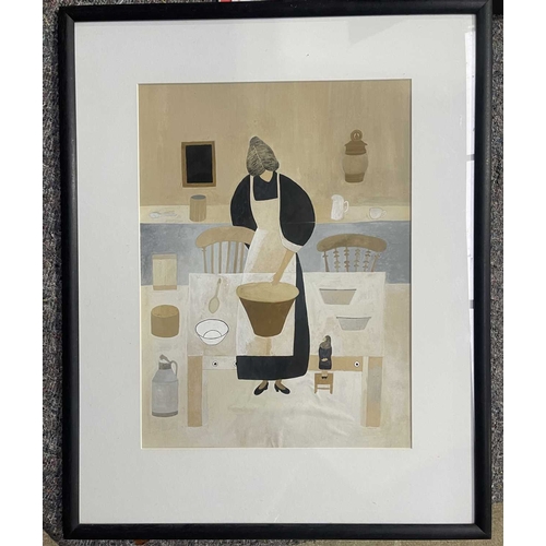 516 - Pattie Muriel May, mother and diminutive child cooking in a kitchen, watercolour on paper, 53 by 39c... 