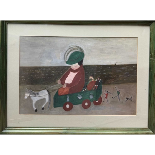 517 - Pattie Muriel May, children riding a pony and trap on the seashore, paint on board, 29.5 by 44.5cm
N... 